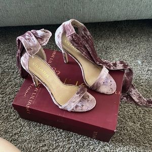 blush heels that tie around ankle, size 8, good condition